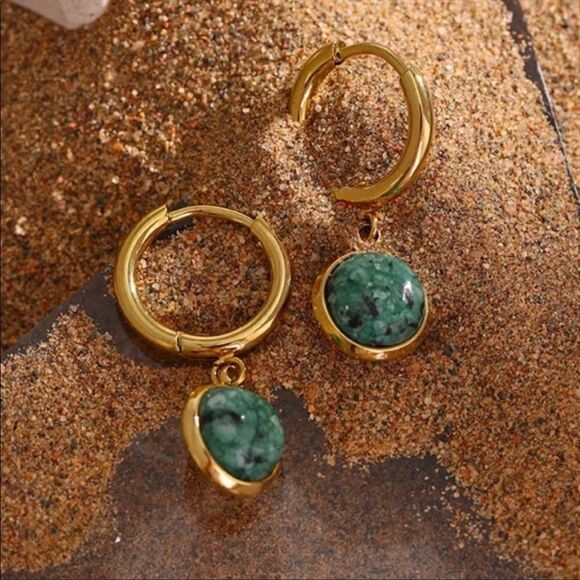 #43 NEW Natural Turquoise Dangle 18k Gold Hoop Earrings - Picture 6 of 9